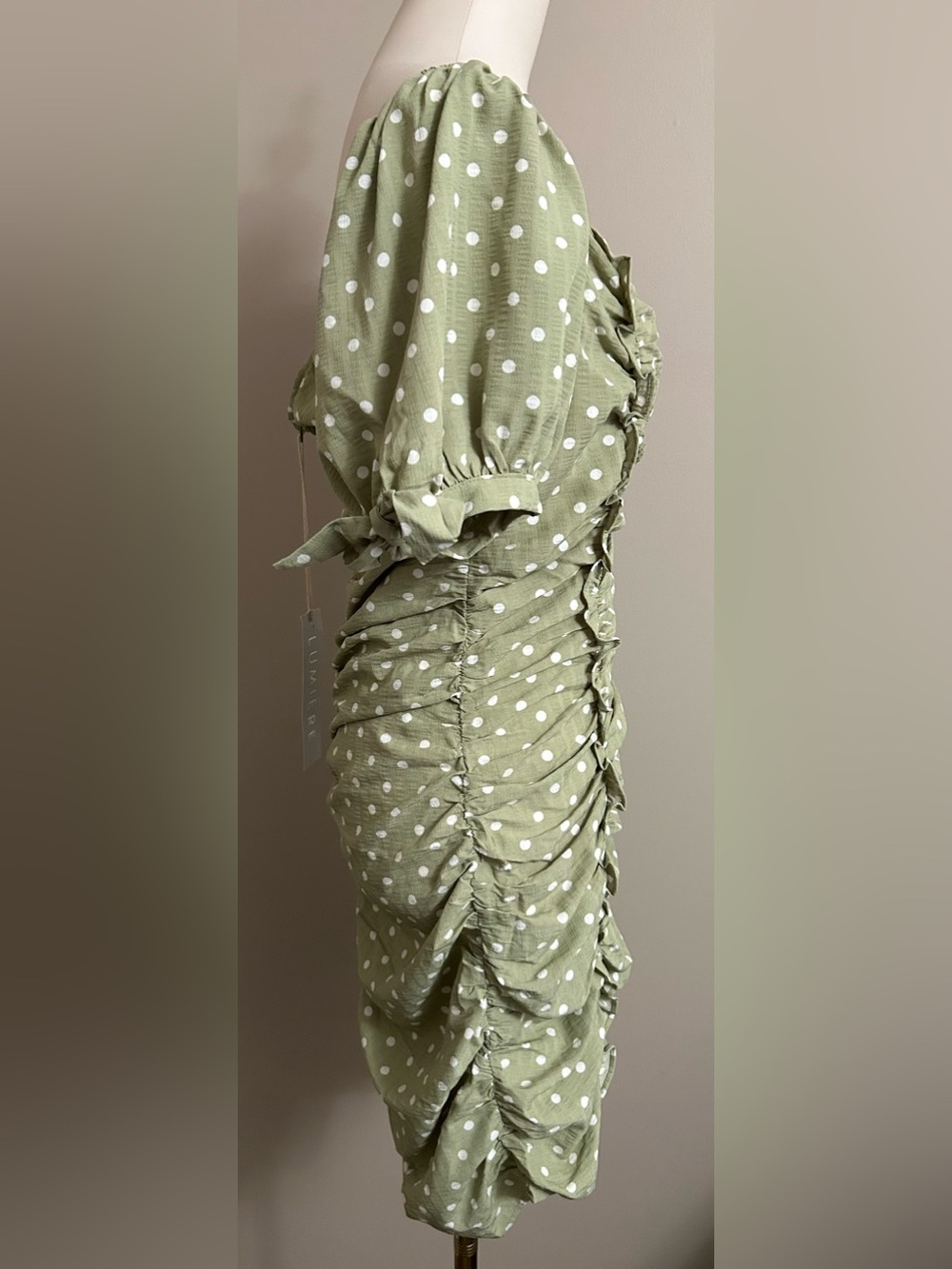 NWT - Lumiere Cinch Square Neck Polka Dot Ruched Dress